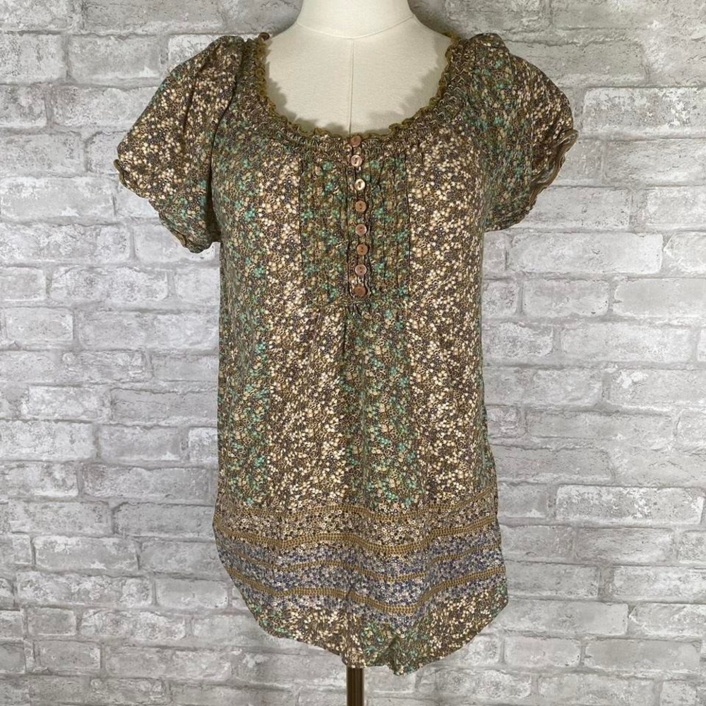 Faded Glory boho peasant green floral blouse with puff sleeves Size S